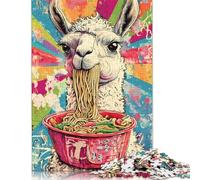 Puzzle carré rétro Japonais de 500 pièces représentant Un Lama Mangeant des Ramen, pour Adultes et Enfants, Jeu éducatif en Bois, 500 pièces (52 x 38 cm)