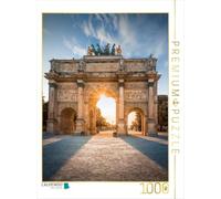 Puzzle · Carrousel Arc de Triomphe vor dem Musée du Louvre, Paris | Les rayons dorés du soleil couchant illuminent directement un… · 1000 pièces · Format assemblé 64 × 48 cm · CALVENDO Puzzle