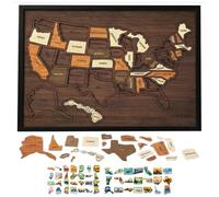 Puzzle Carte Touristique en Bois des États-Unis, 12 x 10 Pouces, Carte Interactive avec Éléments, Autocollants et Épingles, Dénicheur de Pièces Détachables pour la Maison, la Cuisine