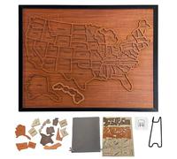 Puzzle Carte Touristique en Bois des États-Unis, 12 x 10 Pouces, Carte Interactive avec Éléments, Autocollants et Épingles, Dénicheur de Pièces Détachables pour la Maison, la Cuisine