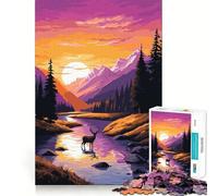 Puzzle Cerf de Montagne au Coucher du Soleil pour Adultes 1000 pièces Renforce la mémoire Apaisant et Amusant Bord de qualité Joli Cadeau 38x26cm