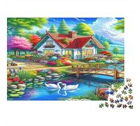 Puzzle Chalet Lac Coloré 38x26cm 1000p Papier Recy dulte Maison Campagne Animée Défi Impossible Activité Maison Femmes Hommes