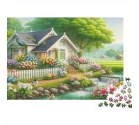 Puzzle Chalet Vert Minimaliste 52x38cm 1000p Papier Recy dulte Maison Rurale Pastel Jeu Difficile Détente Maison Cadeau