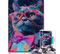 Puzzle Chat à Lunettes 1000 Pièces pour Adultes Soulagement du Stress Défi Difficile Améliore l'amour Entre Couples (50x75cm)