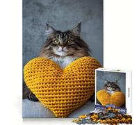 Puzzle Chat avec Coussin en Cœur pour Adultes,1000 Pièces,Détente Mentale,Loisirs Légers,Ajustement Parfait, (50x75cm)
