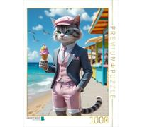 Puzzle · Chat avec Glace en Tenue d'été - Motif de Chat élégant à la Plage | Un chat élégant en tenue pastel avec une glace molle sur la… · 1000 pièces · Format assemblé 64 × 48 cm · CALVENDO Puzzle