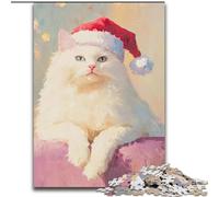 Puzzle Chat Blanc avec Bonnet de Père Noël 1000 Pièces pour Adolescents, Jeu de Puzzle Amusant, Idéal comme Cadeau pour Toute la Famille (26x38cm)