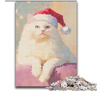 Puzzle Chat Blanc Coiffé d'un Bonnet de Père Noël pour Adolescents 2000 Pièces, Anti-Stress, Vacances à la Maison, Tue Le Temps, Amour Entre Couples (70x100cm)