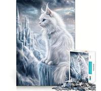 Puzzle Chat Blanc et Château de la Reine des Neiges pour Adolescents,1000 pièces,Stimulant l'esprit,pièces Robustes et aux découpes nettes,activité de Groupe réconfortante (38x26cm)