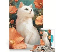 Puzzle Chat Blanc et Coquelicots Oranges 1000 Pièces Jeu de Construction Focus Assemblage Parfait Activité Récompenseuse pour Les Jours de Pluie (50x75cm)