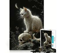 Puzzle Chat Blanc et Crâne 1000 pièces Jeu de Concentration mentale Découpe de précision Bords Lisses Jeu de Construction de Liens significatifs (38x52cm)