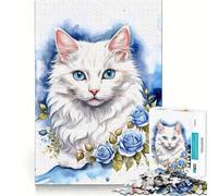 Puzzle Chat Blanc et Roses Bleues 1000 Pièces Jeu de Mémoire Bords Lisses Emboîtement Parfait Une activité ludique pour occuper Les Heures Creuses (38x26cm)