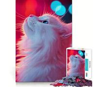 Puzzle Chat Blanc Lumières Néon pour Adultes 1000 Pièces Jeu de Mémoire Solide Assemblage Sécurisé Jeu de Connexions Significatif (38x26cm)