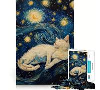 Puzzle Chat Blanc Nuit Étoilée pour Adultes 1000 Pièces Smart Reason Toy Family Link Bordure Lisse Art Display 38x52cm