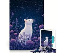 Puzzle Chat Blanc sous Ciel Étoilé 1000 Pièces Développe la mémoire,ludique et créatif Qualité Professionnelle pour stimuler l'esprit (50x75cm)