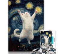 Puzzle Chat Blanc sous Le Ciel Nocturne 1000 Pièces pour Adultes, Jeu Familial Anti-Stress Défi Difficile Cadeaux Secrets du Père Noël (38x26cm)