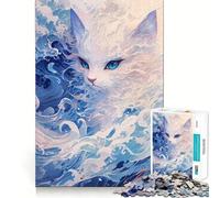 Puzzle Chat Blanc Vague Bleue 1000 Pièces Jeu de Réflexion Assemblage Stable Pièces Qui Ne Dérivent Pas de Déplacement Passe-Temps Agréable pour Les Longs Week-Ends (50x75cm)