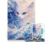 Puzzle Chat Blanc Vague Bleue pour Adultes 1000 Pièces Jeu de Mémoire Découpe Laser pour Un Assemblage Parfait Cadeau Unique Anti-Stress (38x26cm)