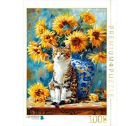 Puzzle · Chat dans Une Nature Morte avec des tournesols dans Un Vase de | fleurs de style impressionniste · Un chat est assis à côté d'un… · 1000 pièces · Format assemblé 64 × 48 cm · CALVENDO Puzzle