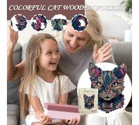Puzzle chat - Jouet en forme d'animal, puzzle en bois coloré intéressant, jouet éducatif facile à utiliser, accessoire pour adultes, , garçons, filles, famille, anniversaires, fêtes de vacances