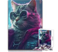 Puzzle Chat Lunettes Veste Futur pour Adultes 1000 Pièces Activité Éducative Développant la Concentration pour Les Fêtes Dimensions:38x52cm