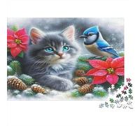 Puzzle Chat Mignon de 1000 pièces pour Femmes Chaton & Oiseau Bleu Poinsettias Excellente Idée Cadeau | Activité d'Intérieur Amusante 52x38cm/1000pcs