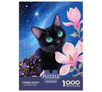 Puzzle Chat Noir 1000 Pièces en Carton pour Adultes Jeu ÉduChatif Jeu De Défi Casse-tête Chat Noir Fleurs Rouges Cadeau Adulte Home Decor 70x50cm/1000pcs