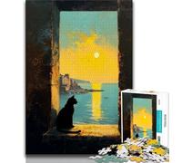 Puzzle Chat Noir à la Fenêtre 1000 Pièces pour Adolescents, Jeu de Rigueur et Décoration Murale pour Famille, Cadeaux d'anniversaire et de Noël Uniques 50x75cm