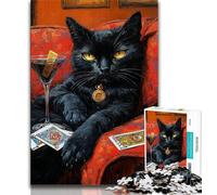Puzzle Chat Noir Boire 1000 Pièces pour Adultes, Jeu Familial Anti-Stress Défi Difficile Cadeaux Secrets du Père Noël (38x26cm)
