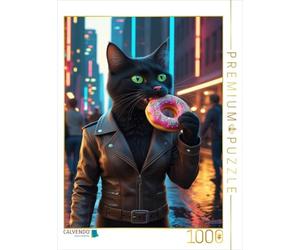Puzzle · Chat Noir Cool avec Donut - Image de Chat Urbain pour Les | trendsetters · Chat noir au look cuir avec un donut rose dans… · 1000 pièces · Format assemblé 64 × 48 cm · CALVENDO Puzzle