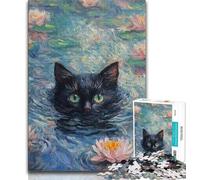 Puzzle Chat Noir dans la Rivière 1000 Pièces pour Adultes et Adolescents, Jouets Éducatifs et Anti-Stress, Convient pour Décoration de Bureau 75x50cm