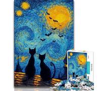 Puzzle Chat Noir dans Le Ciel Nocturne pour Adultes et Adolescents 1000 Pièces, Jouets Éducatifs et Jeux Familiaux avec Affiche et Fiche de Questions Assorties (38x26cm)