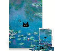 Puzzle Chat Noir dans Les Nymphéas de Monet, 1000 pièces, pour Adolescents, développement intellectuel et de l'habileté, Loisir paisible, Assemblage Propre, Cadeau d'hiver (38x26cm)