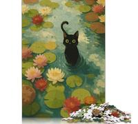 Puzzle Chat Noir dans Un Bassin aux Nénuphars 1000 Pièces pour Adolescents Cadeaux Puzzle en Bois Puzzles pour Adultes Puzzle pour Adultes et Adolescents 1000pcs (75x50cm)