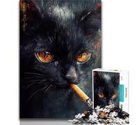 Puzzle Chat Noir Fumeur pour Adolescents 1000 pièces, Jeu Familial Anti-Stress Défi Difficile Cadeaux Secret du Père Noël 75x50cm