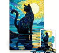 Puzzle Chat Noir Lever de Soleil pour Adolescents 1000 Pièces Activité Développant Le Cerveau à Domicile Bords Parfaits Cadeau Festif 38x26cm
