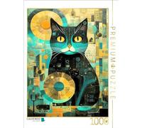 Puzzle · Chat Noir | Peinture abstraite générée par IA d'un chat en turquoise et or · 1000 pièces · Format assemblé 64 × 48 cm · CALVENDO Puzzle