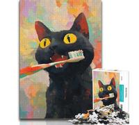Puzzle Chat Noir Se Brosser Les Dents 1000 Pièces pour Adolescents, Jeux Éducatifs, Décoration Murale, Cadeaux Uniques d'anniversaire et de Noël (38x26cm)