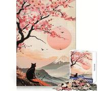 Puzzle Chat Noir sous Sakura pour Adultes 1000 Pièces Développe la Concentration et la Capacité de Détente Ludique et Anti-Stress Idéal pour Noël (50x75cm)