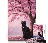 Puzzle Chat Noir sous Un Arbre Sakura pour Adultes 1000 Pièces Réflexion Critique Passe-Temps Confortable Bords Uniformes Cadeau de Noël (50x75cm)