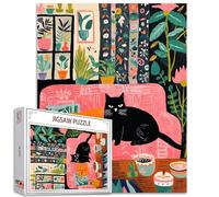 Puzzle chat noir sur le canapé pour adultes de 1000 pièces, puzzle bohème plantes maison puzzle gros chat à faire soi-même pour décoration murale de la maison, cadeaux, puzzle familial parfait pour