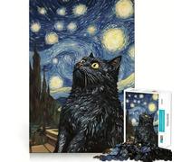 Puzzle Chat Nuit Étoilée 1000 Pièces pour Adolescents Développe la Mémoire Jeu d'Intérieur Découpe Fine Cadeau du Père Noël 38x52cm