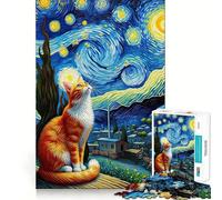 Puzzle Chat Nuit Étoilée Orange 1000 Pièces pour Adolescents Jeu de Réflexion Activité à la Maison Découpe Claire Cadeau Touchant 38x52cm