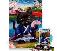 Puzzle Chat Samouraï dans Sakura 1000 Pièces pour Adultes Jeu Intellectuel Apaisant et Amusant Découpe Précise Cadeau de Noël (38x52cm)