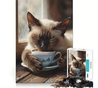 Puzzle Chat Siamois Tasse à Café pour Adultes 1000 Pièces Renforce la mémoire Apaisant Amusant Bord de Qualité Joli Cadeau 50x75cm
