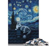 Puzzle Chat sur Le Toit, Style Nuit étoilée, en Carton 100% recyclé, pour Adultes et Enfants, Cadeaux de Noël, 1 000 pièces (38 x 26 cm)