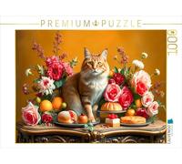 Puzzle · Chat sur Table avec Fleurs et Fruits dans Le Style des maîtres | anciens · Un chat élégant au milieu d'une opulente nature morte… · 1000 pièces · Format assemblé 64 × 48 cm · CALVENDO Puzzle
