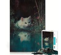Puzzle Chaton Blanc au Bord de l’étang pour Adultes,1000 pièces,Jeu de réflexion,découpe de précision,Bords Lisses,défi Amusant pour Passer Le Temps (50x75cm)
