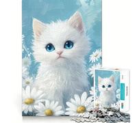 Puzzle Chaton Blanc et Marguerites pour Adultes 1000 Pièces Jeu de Concentration Découpe Précise Bords Lisse Défi Amusant pour Passer Le Temps (50x75cm)