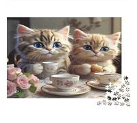 Puzzle Chatons Heure Thé 52x38cm 1000p Papier recy dulte Duo Chats Fleurs Défi Difficile Détente Décoration Maison Cadeaux pour Hommes